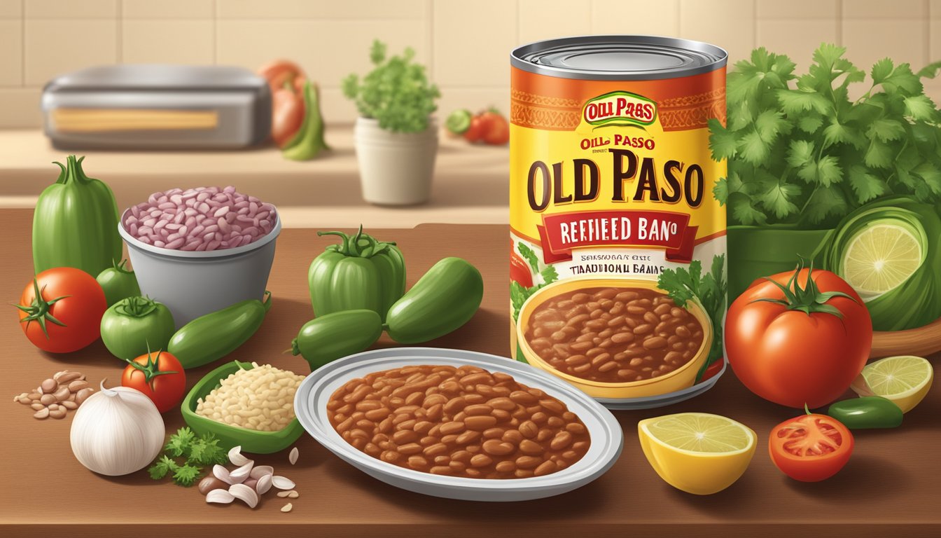 A can of Old El Paso traditional refried beans surrounded by fresh ingredients like tomatoes, onions, and cilantro on a kitchen counter