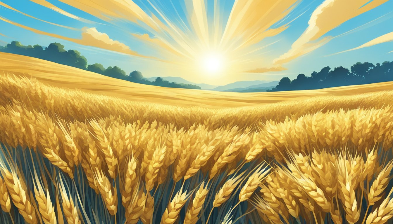 A field of golden wheat swaying in the breeze, with a clear blue sky and a shining sun overhead