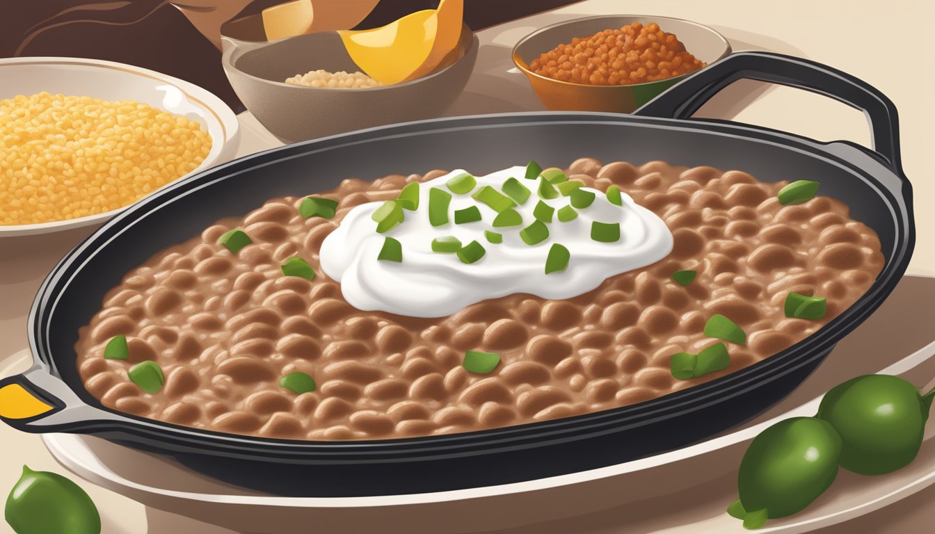 A sizzling skillet of Old El Paso traditional refried beans being scooped onto a plate, with steam rising and a dollop of sour cream on top