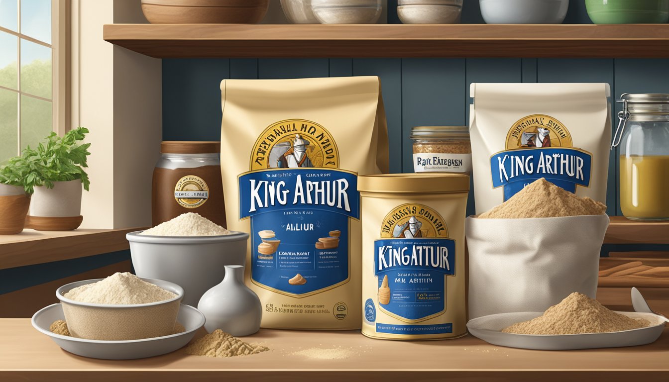 A bag of King Arthur all-purpose flour sits on a pantry shelf, surrounded by other baking ingredients