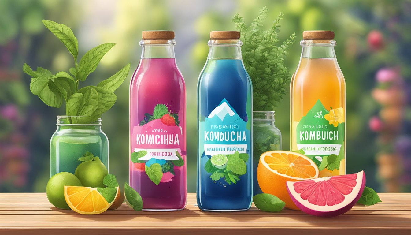 A trio of glass bottles filled with colorful organic kombucha sit on a wooden table, surrounded by vibrant fruits and herbs