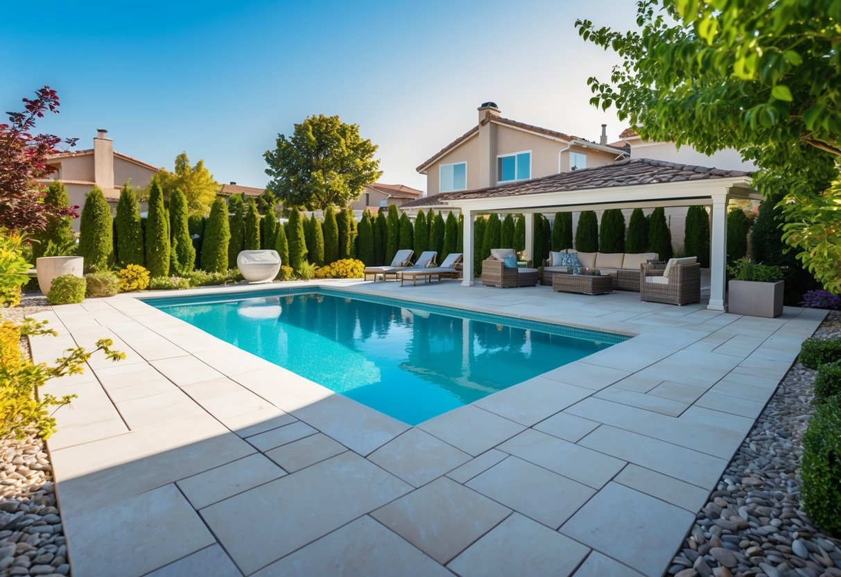 A sunny backyard with a pristine pool surrounded by carefully maintained hardscaping, including clean and polished stone tiles and well-kept landscaping