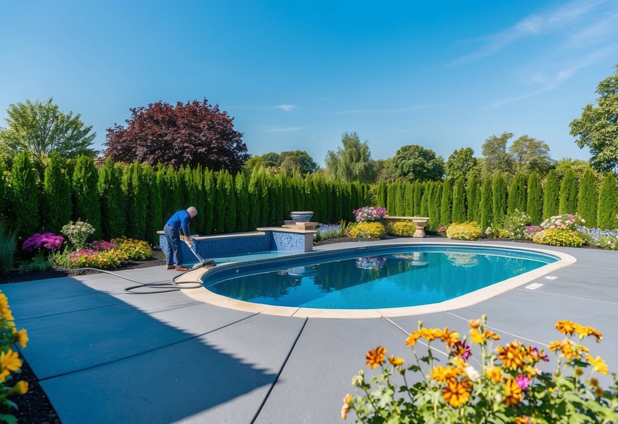 A pool hardscape being cleaned and sealed, surrounded by vibrant greenery and colorful flowers, under a clear blue sky