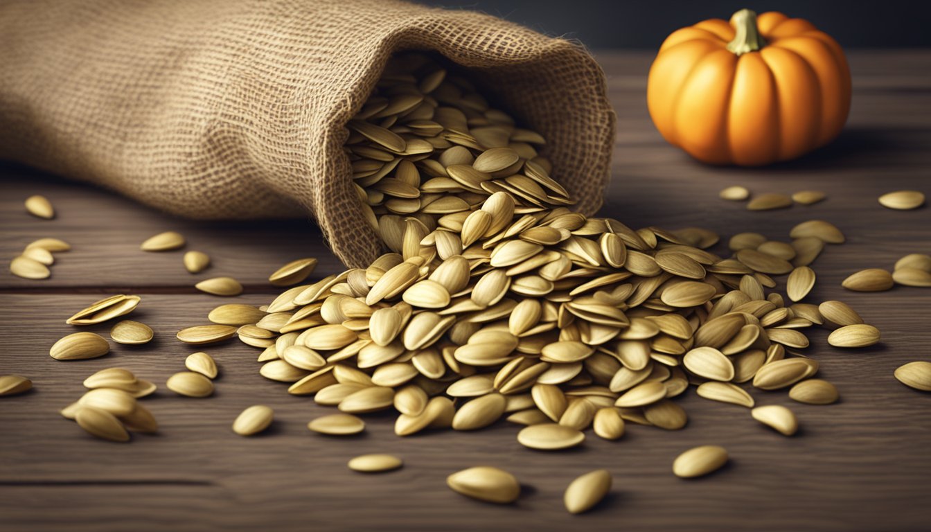 A pile of raw organic sprouted pumpkin seeds spilling out of a burlap sack onto a rustic wooden table