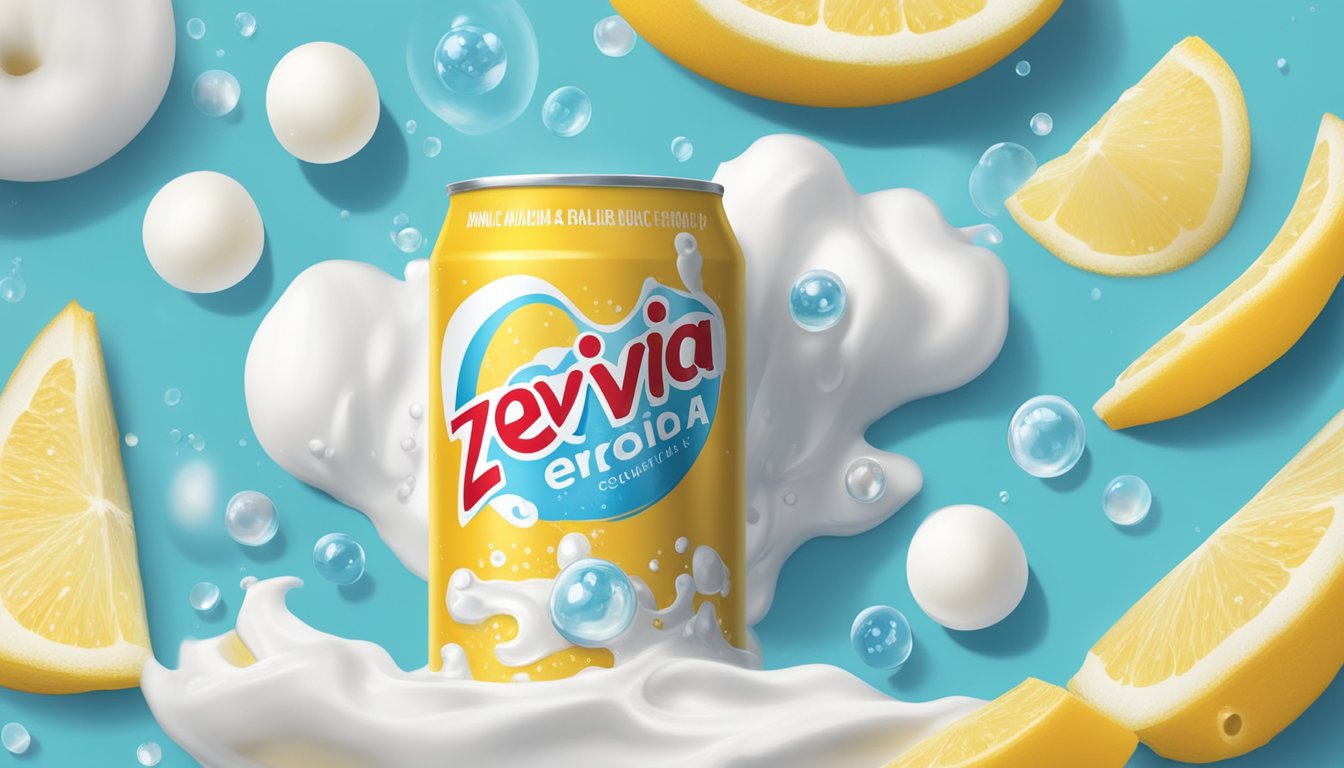 A can of Zevia zero calorie cream soda surrounded by floating ingredients - vanilla beans, cream, and bubbles