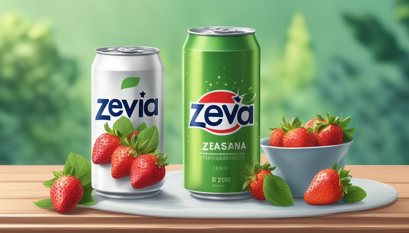 A chilled can of Zevia cream soda surrounded by fresh vanilla beans and ripe strawberries on a wooden table