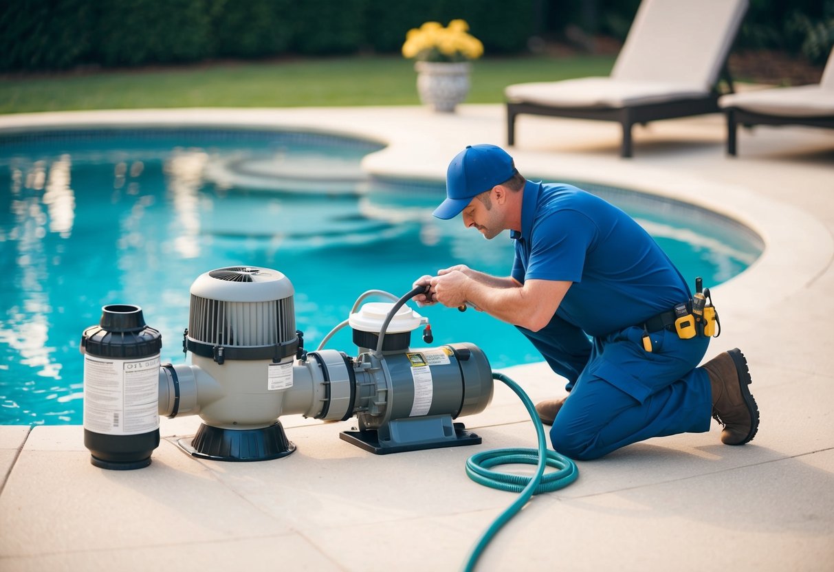 A pool technician carefully installs essential equipment, including a pump, filter, and heater, ensuring proper functionality and safety for the pool