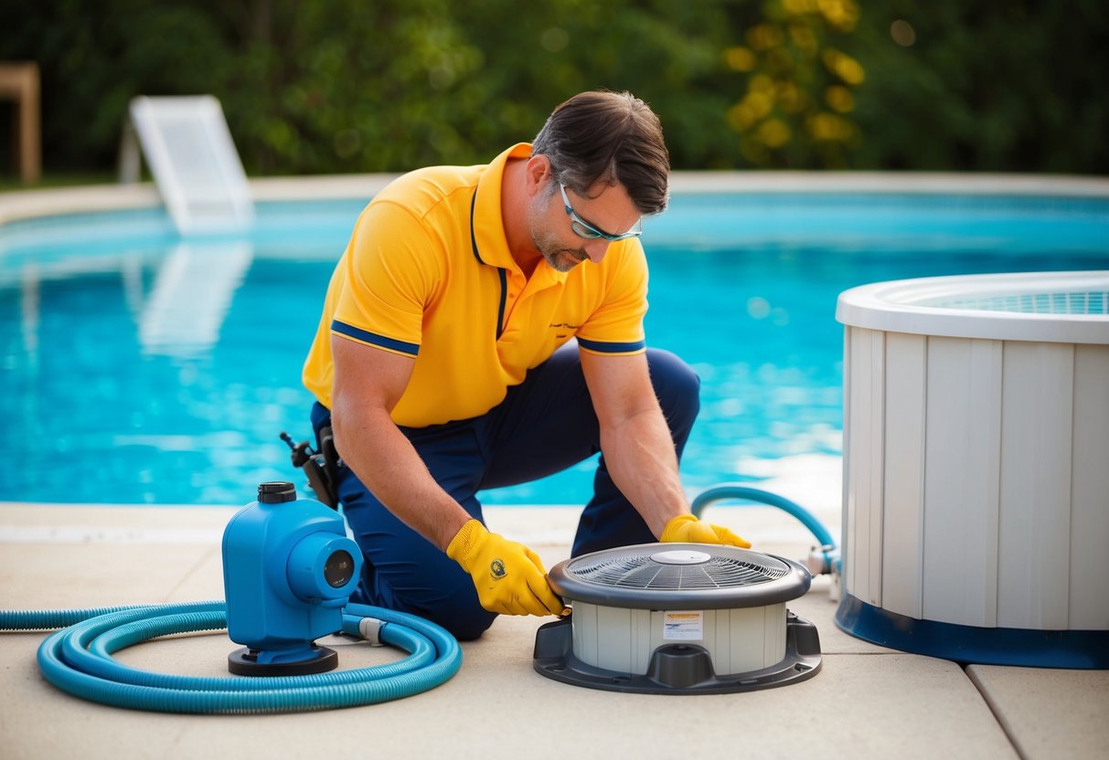 A professional pool technician carefully installs high-quality pool equipment, ensuring proper function and longevity