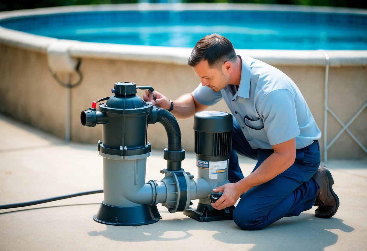 A pool equipment technician carefully installs a new pump and filter system, ensuring proper alignment and connection for optimal performance