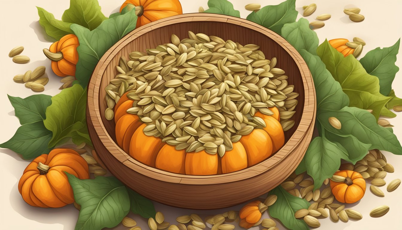 A wooden bowl filled with raw organic sprouted pumpkin seeds, surrounded by fresh pumpkin vines and leaves