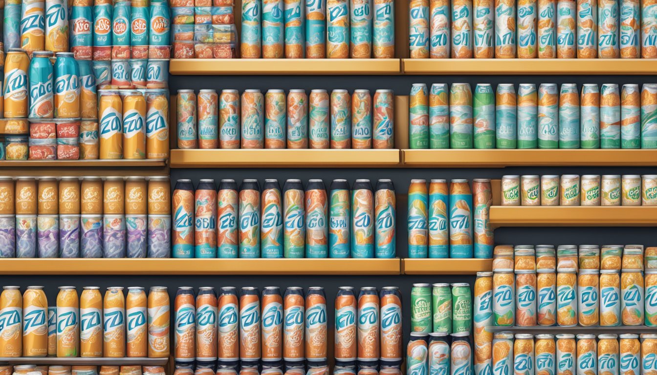 A shelf filled with rows of Zevia zero calorie cream soda cans in a grocery store