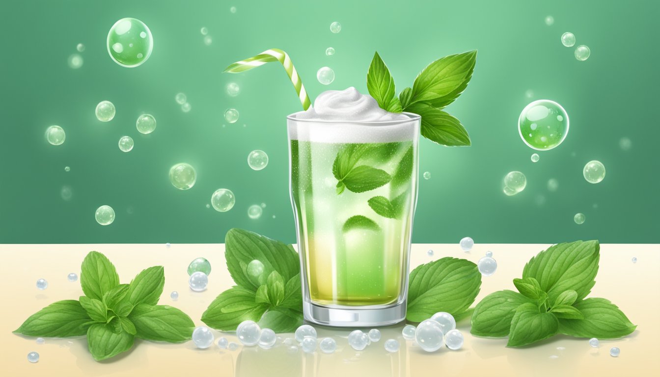 A glass of cream soda with Highly-Purified Stevia Extract, surrounded by stevia leaves and floating bubbles