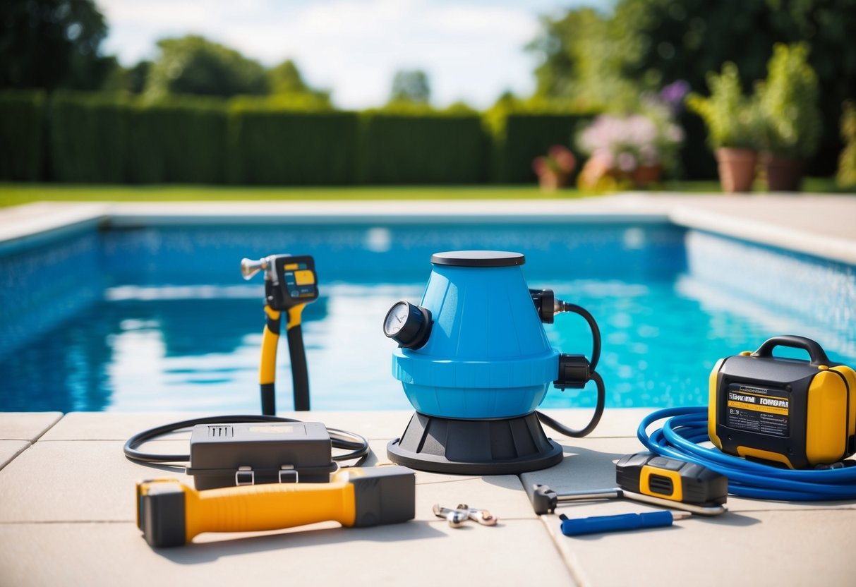 A pool equipment installation scene with proper tools, clear instructions, and a level surface. Avoid clutter, incorrect wiring, and improper placement of equipment