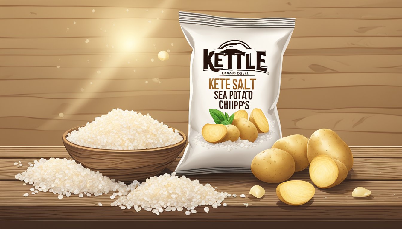 A bag of Kettle Brand Sea Salt Potato Chips surrounded by fresh potatoes and sea salt crystals on a wooden table