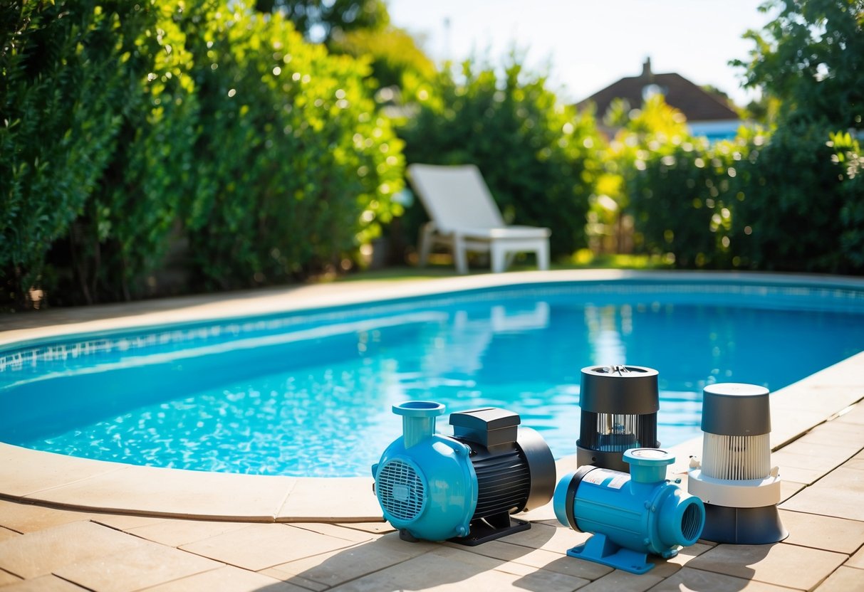 A sunny backyard with a sparkling swimming pool surrounded by lush greenery. A variety of pool pump options are displayed next to the pool