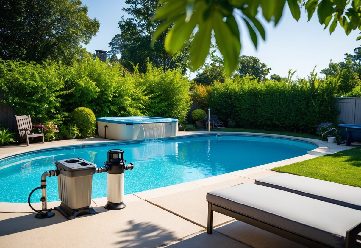 A sunny backyard with a sparkling swimming pool, surrounded by lush greenery. A filtration system and pool equipment are displayed nearby, ready for installation