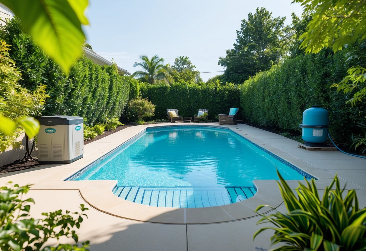 A sunny backyard with a sparkling swimming pool surrounded by lush greenery, with energy-efficient pool equipment installed nearby