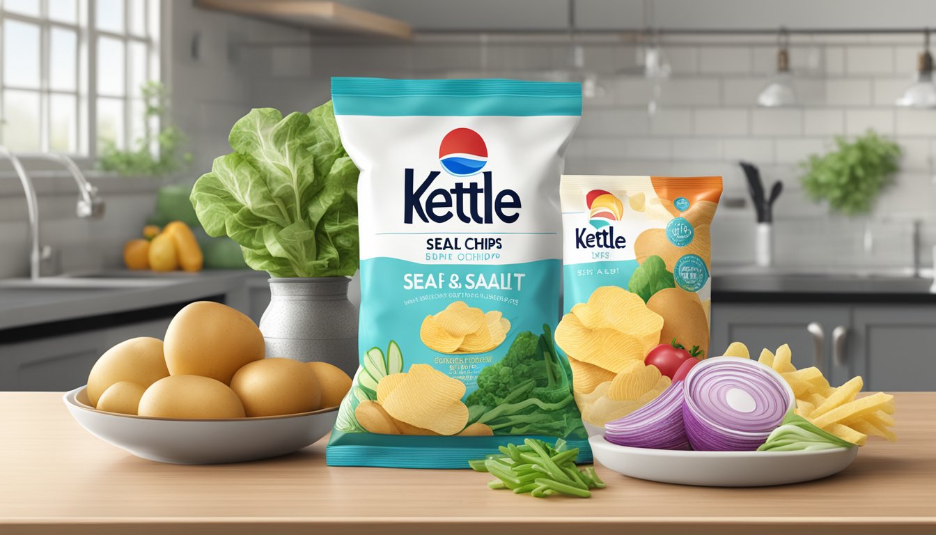 A bag of kettle brand sea salt potato chips surrounded by fresh vegetables and a glass of water on a clean, organized kitchen counter