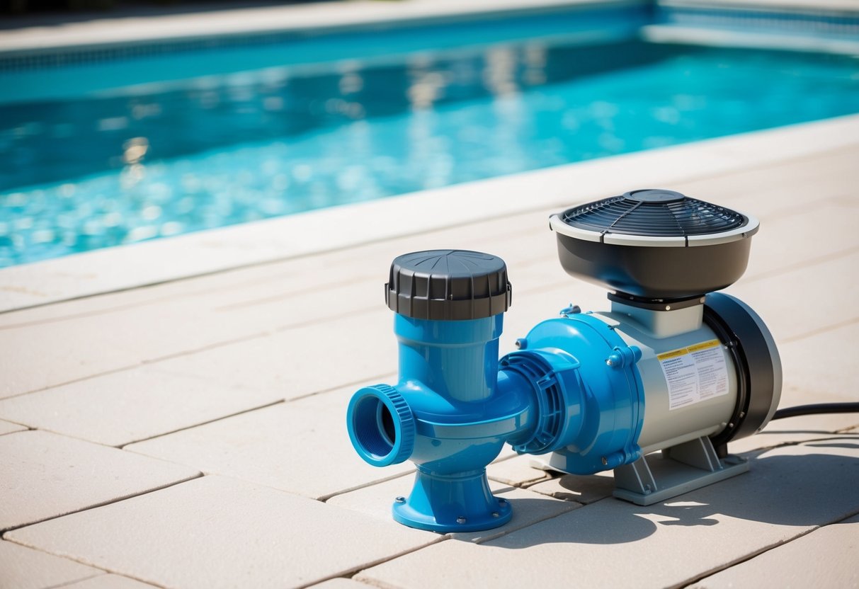 A clear swimming pool with functioning equipment, including a pump, filter, and skimmer, maintaining water quality and clarity