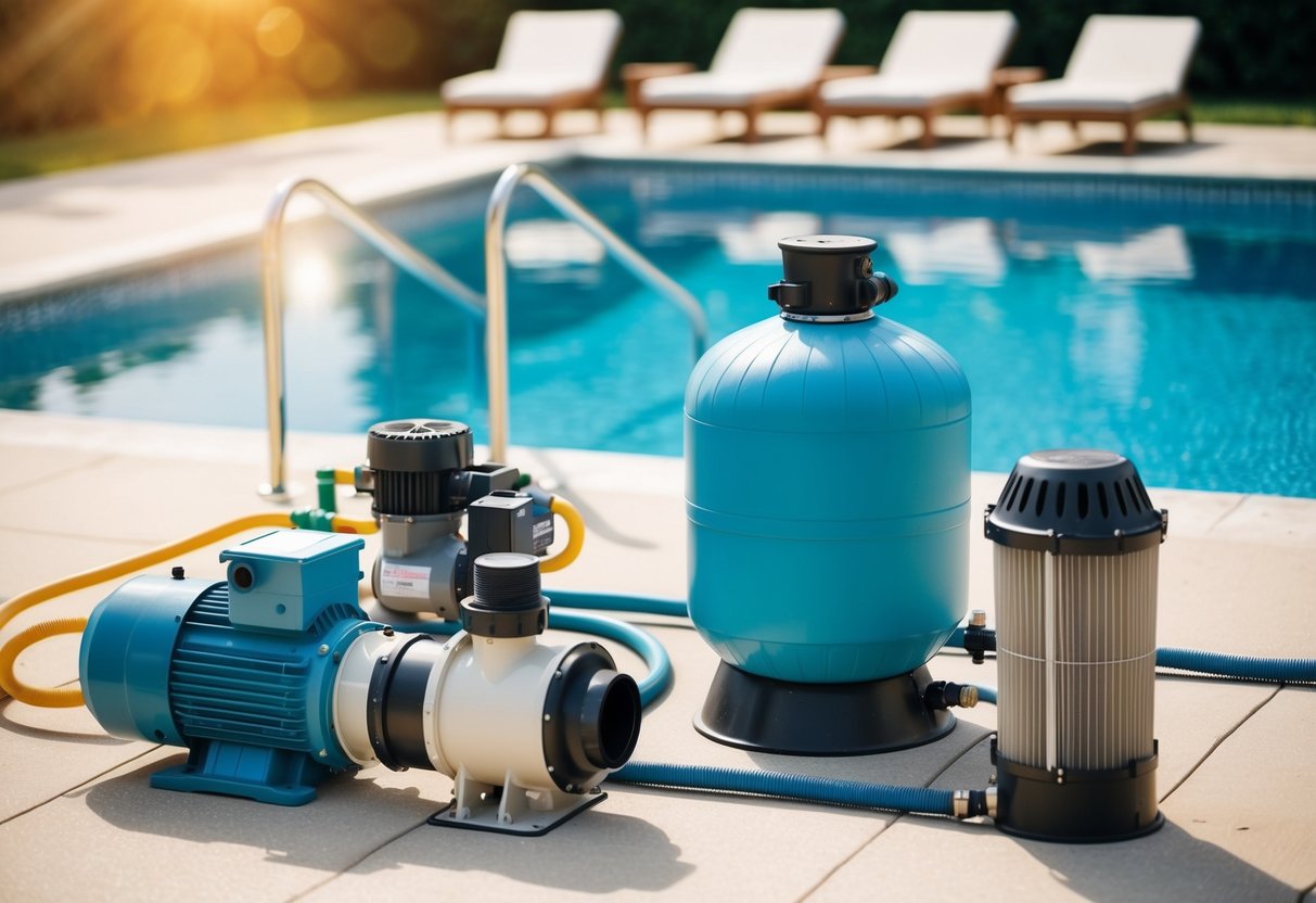 A pool with various equipment such as pumps, filters, and heaters neatly organized and functioning efficiently to maintain the cleanliness and temperature of the water