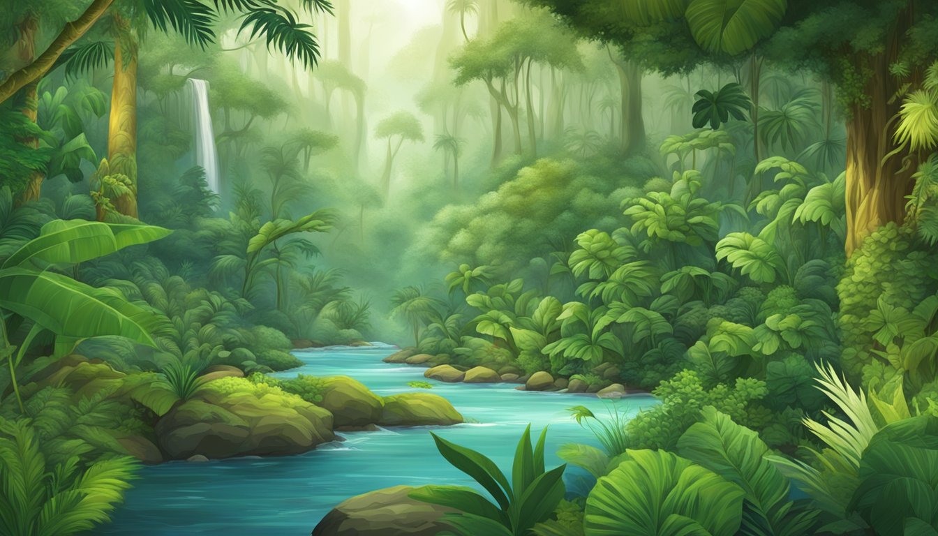 A lush tropical rainforest with a clear stream flowing through, surrounded by diverse plant and animal life, all thriving due to sustainable practices