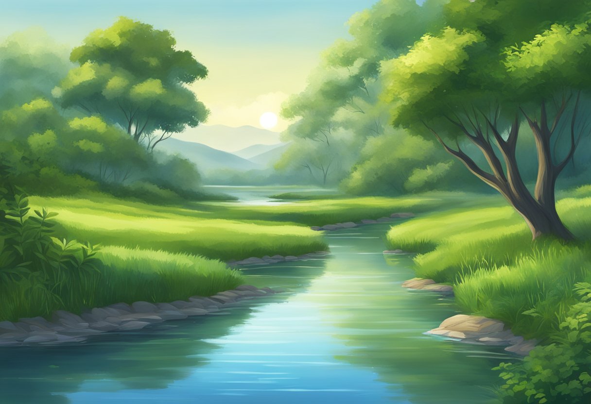 A serene landscape with calm, flowing water and lush greenery, surrounded by peaceful, open skies
