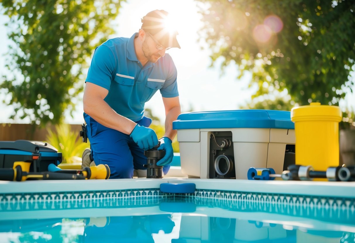 A technician assembling pool equipment under the bright sun, surrounded by various tools and parts