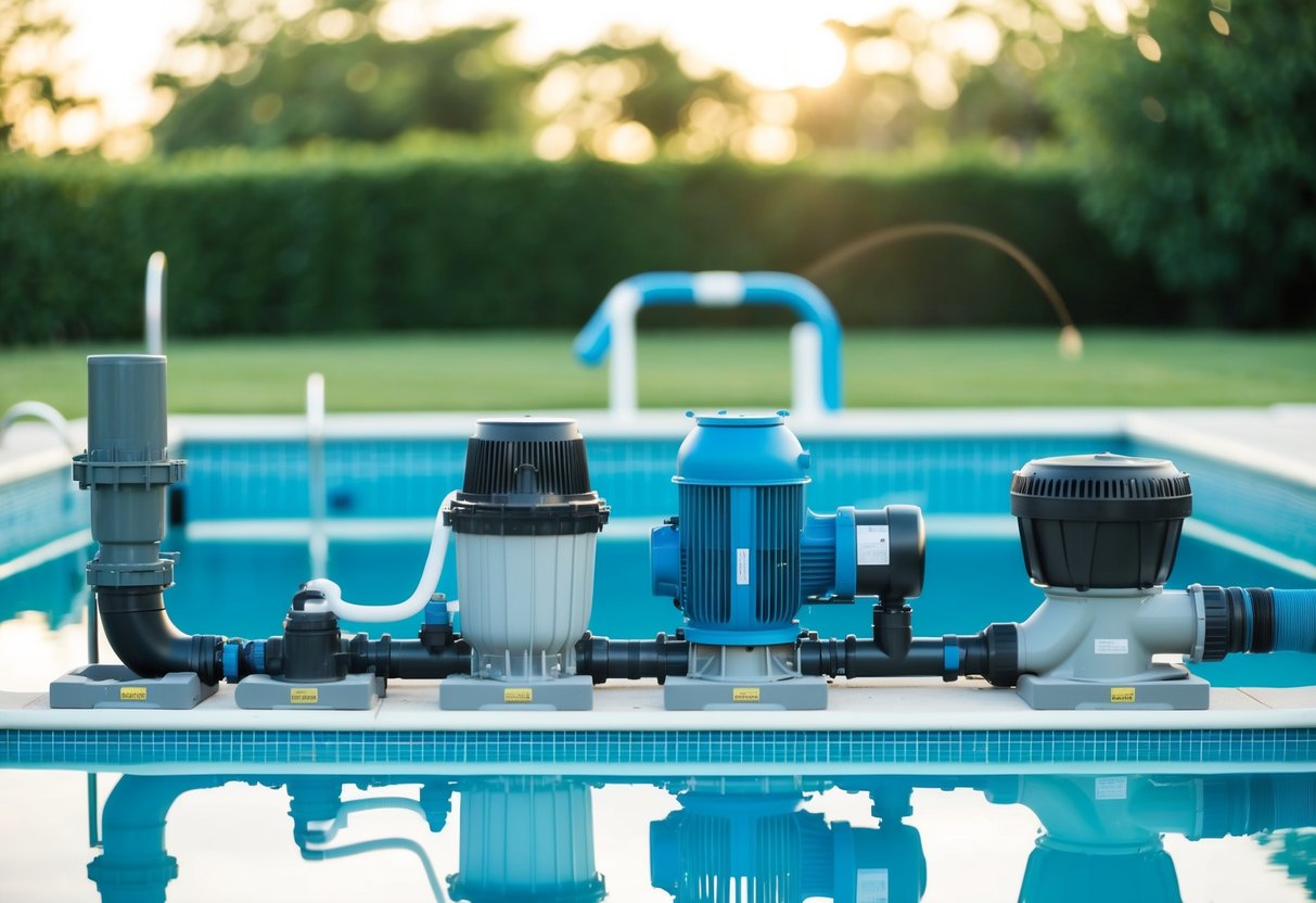 A pool equipment installation scene with water quality testing and integration of pool components such as pumps, filters, and heaters