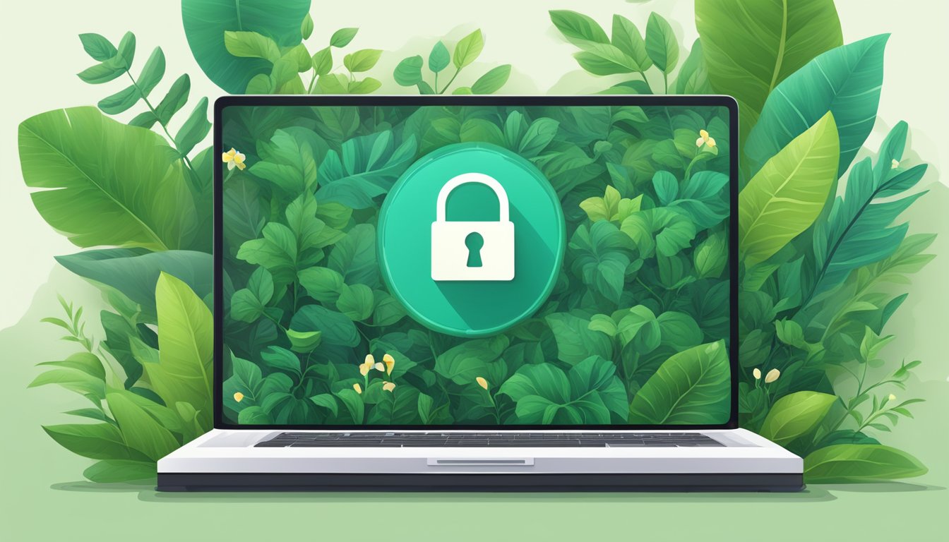 A laptop surrounded by greenery, with a lock icon on the screen