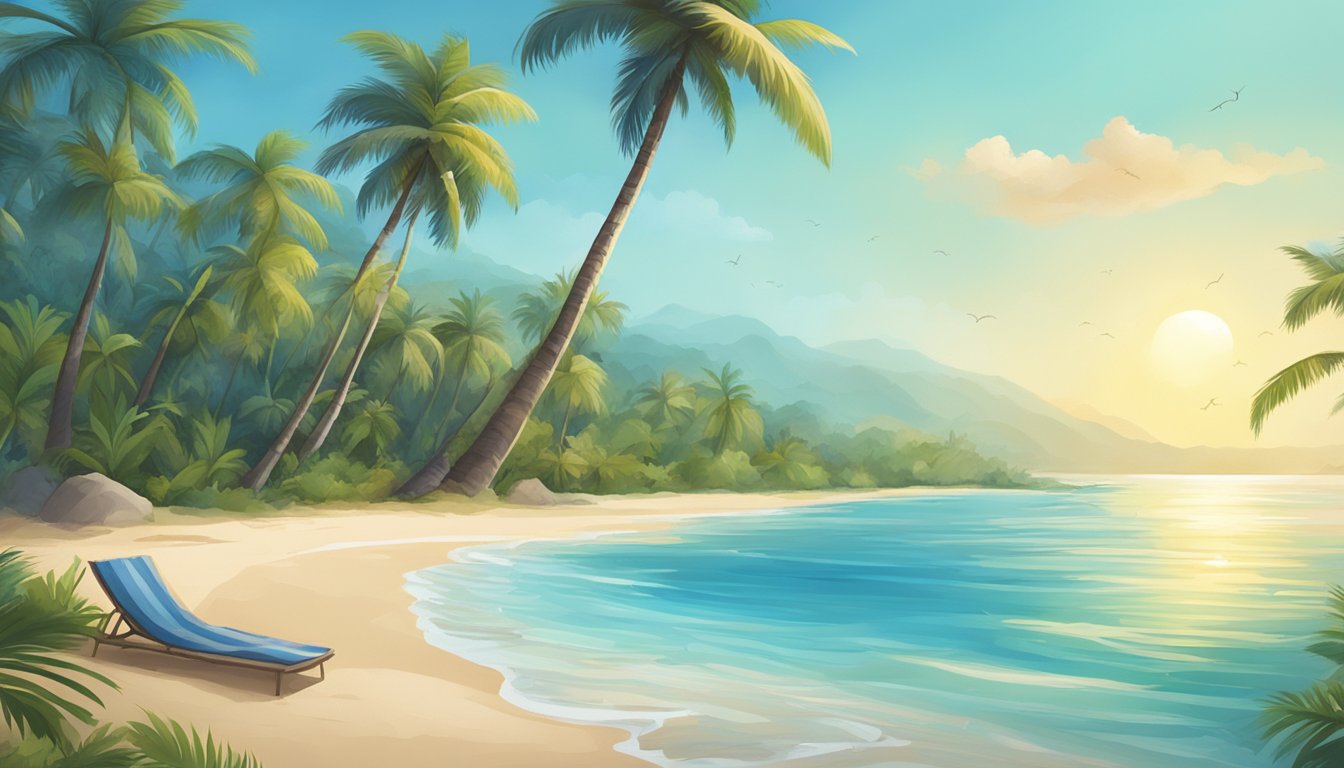 A serene tropical beach with palm trees, clear blue water, and coconuts scattered on the sand