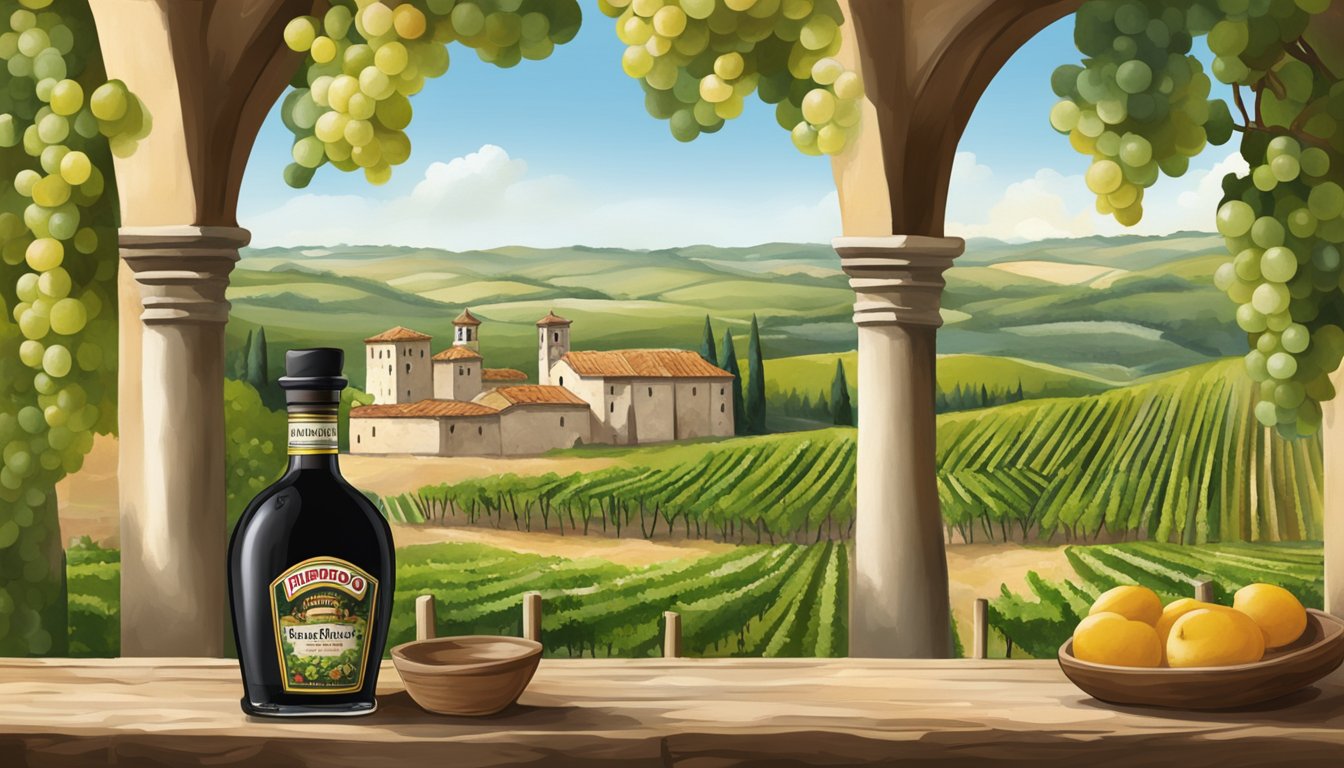 A bottle of Filippo Berio balsamic vinegar of Modena, set against a rustic Italian backdrop with vineyards and traditional architecture