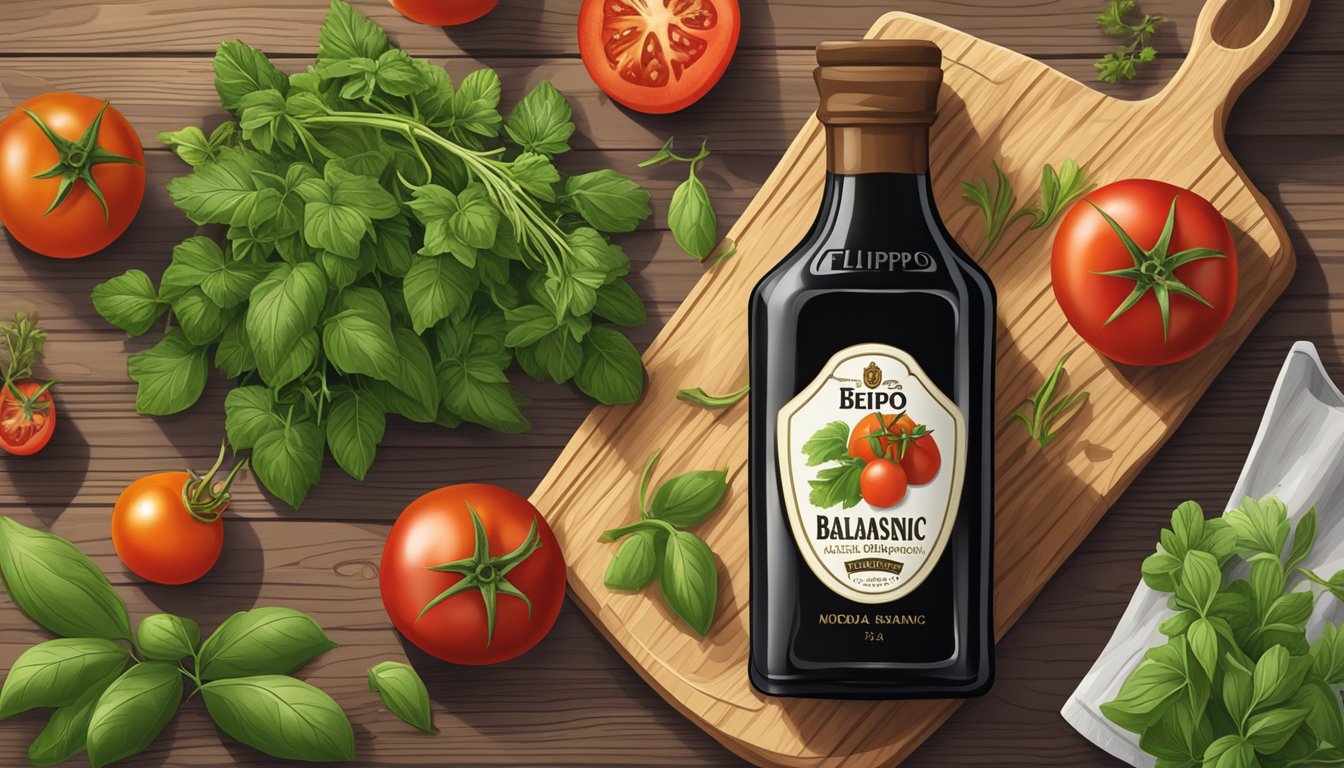 A bottle of Filippo Berio Balsamic Vinegar of Modena surrounded by fresh herbs and ripe tomatoes on a wooden cutting board