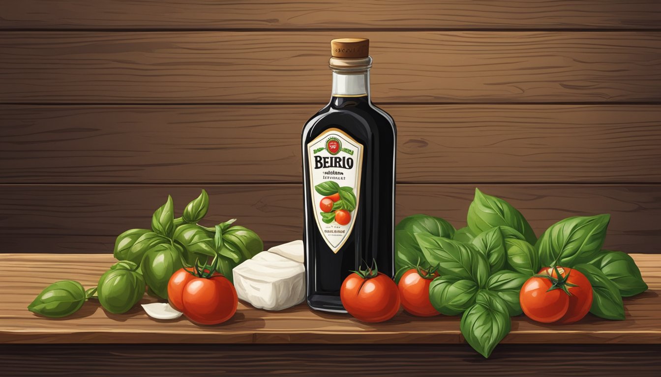 A bottle of Filippo Berio Balsamic Vinegar sits on a rustic wooden table with fresh ingredients like tomatoes, basil, and mozzarella nearby