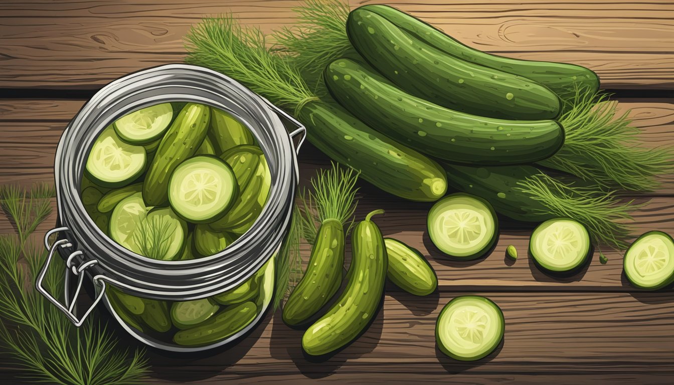 A jar of organic dill pickles sits on a rustic wooden table, surrounded by fresh dill and whole cucumbers. The pickles are crunchy and bursting with flavor