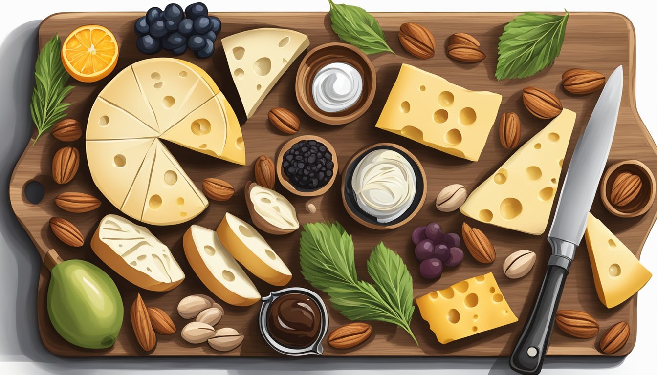 A wooden cutting board with assorted cheeses, fruits, and nuts, accompanied by a bottle of Filippo Berio balsamic vinegar of Modena and a drizzle of the vinegar over a dish