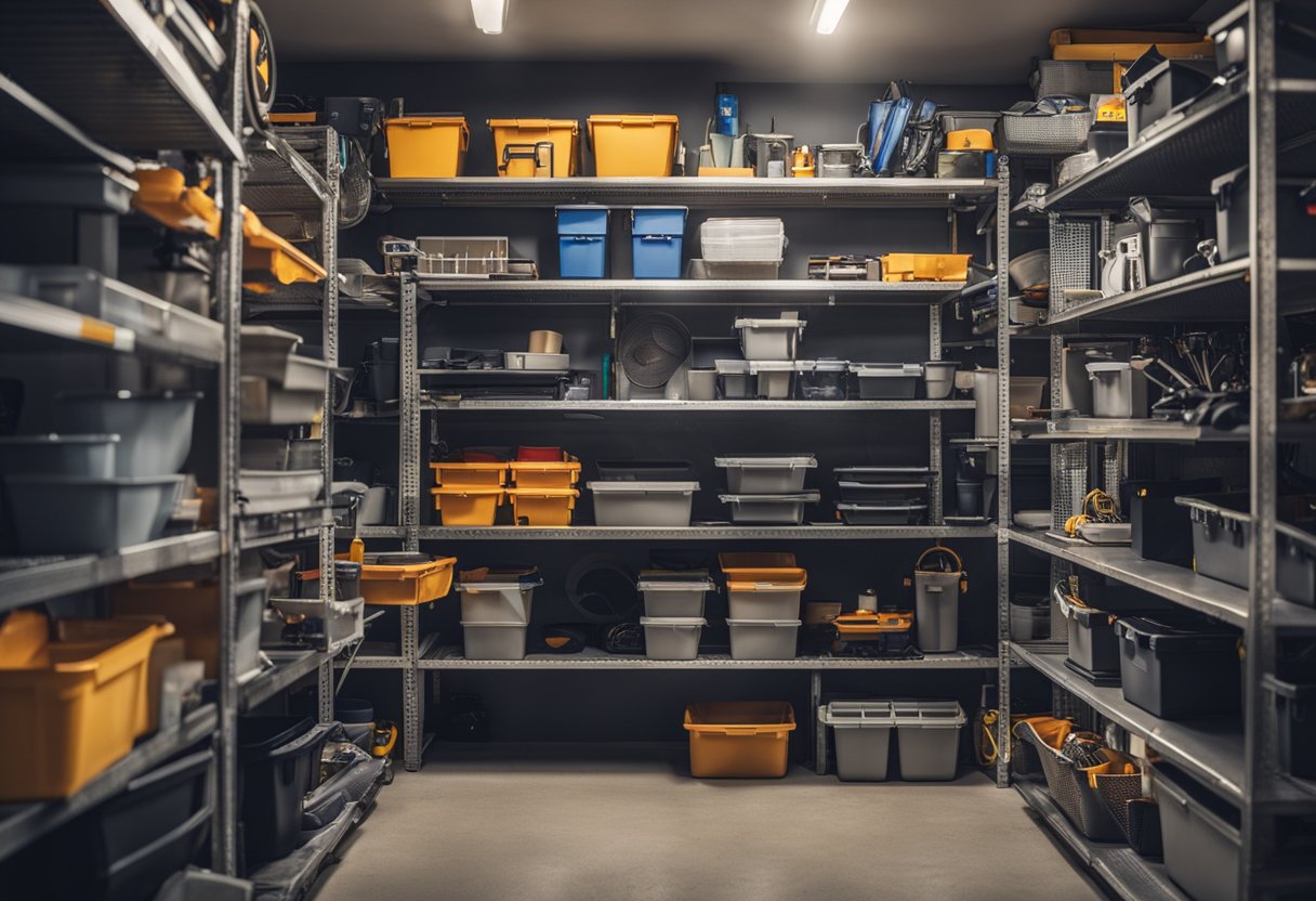 A cluttered garage transformed into an organized space with labeled storage bins, wall-mounted shelves, and hanging racks for tools and equipment