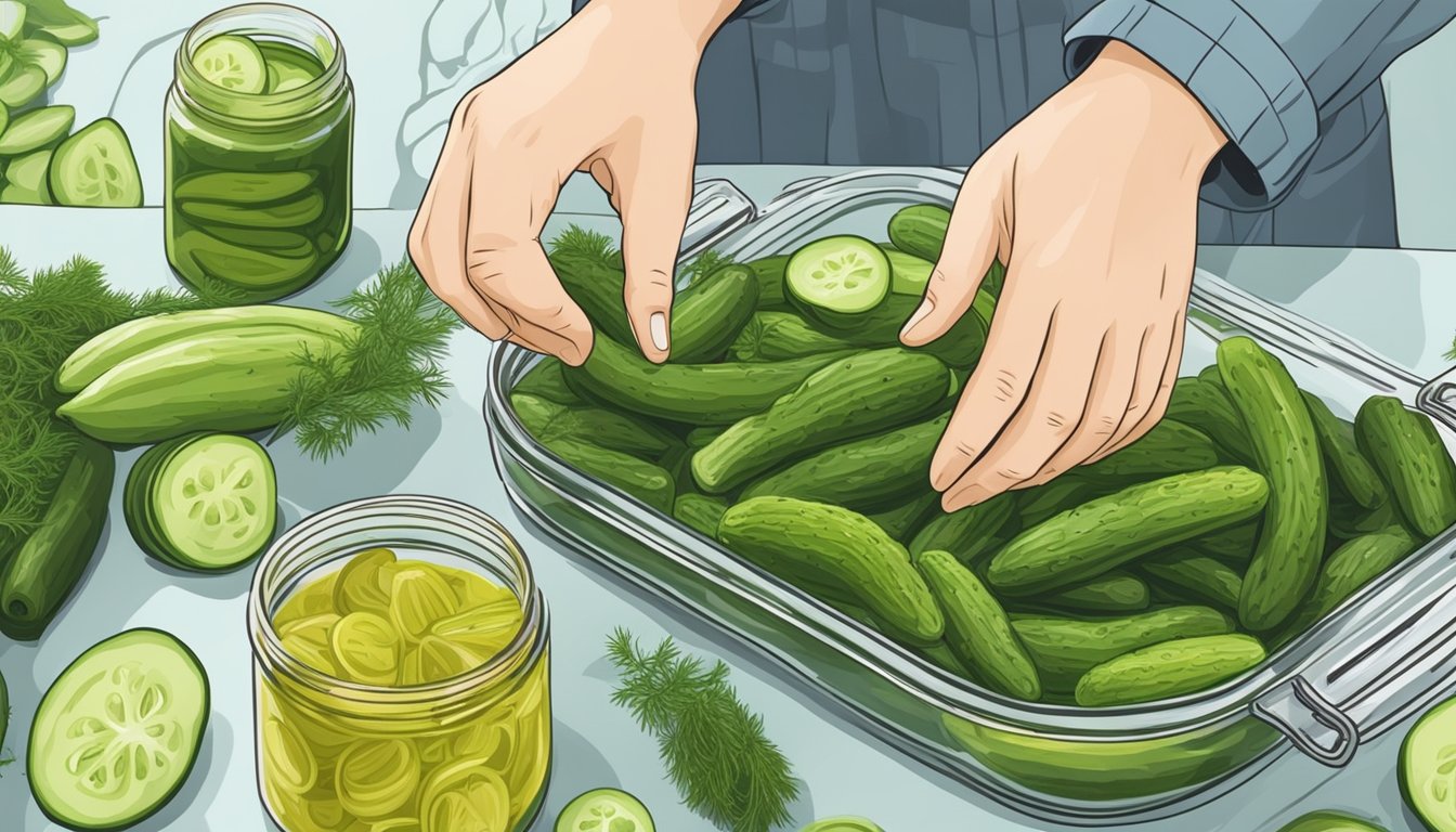 A hand reaching for a jar of organic dill pickles, surrounded by fresh dill and cucumbers