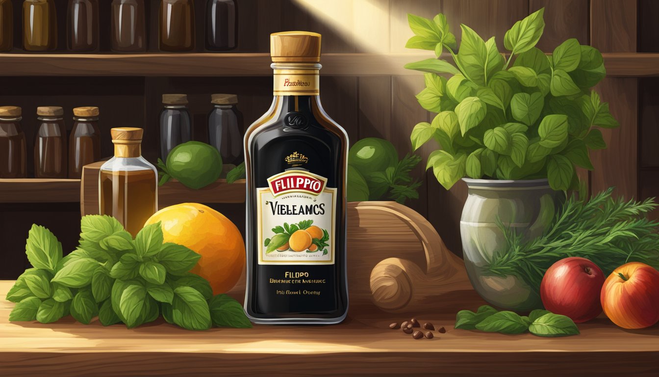 A bottle of Filippo Berio balsamic vinegar sits on a wooden shelf, surrounded by fresh herbs and fruits. A ray of sunlight highlights the bottle, emphasizing its quality