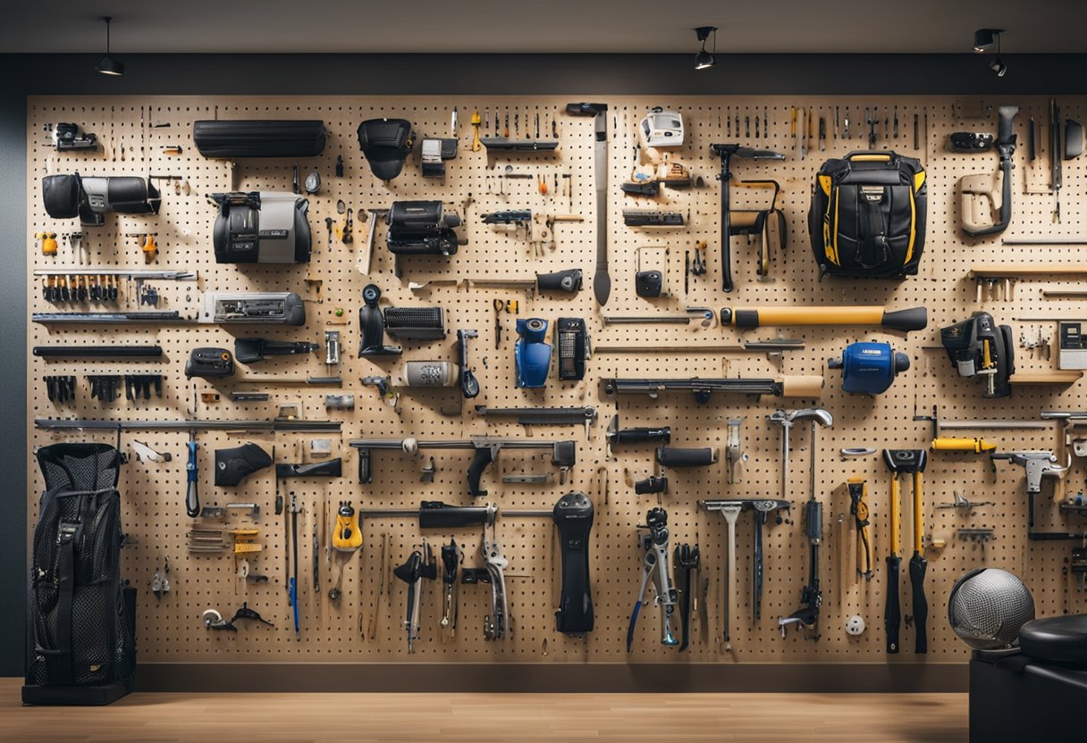 Items arranged from most to least used: tools on wall pegboard, frequently used sports equipment near entrance, less used items on high shelves