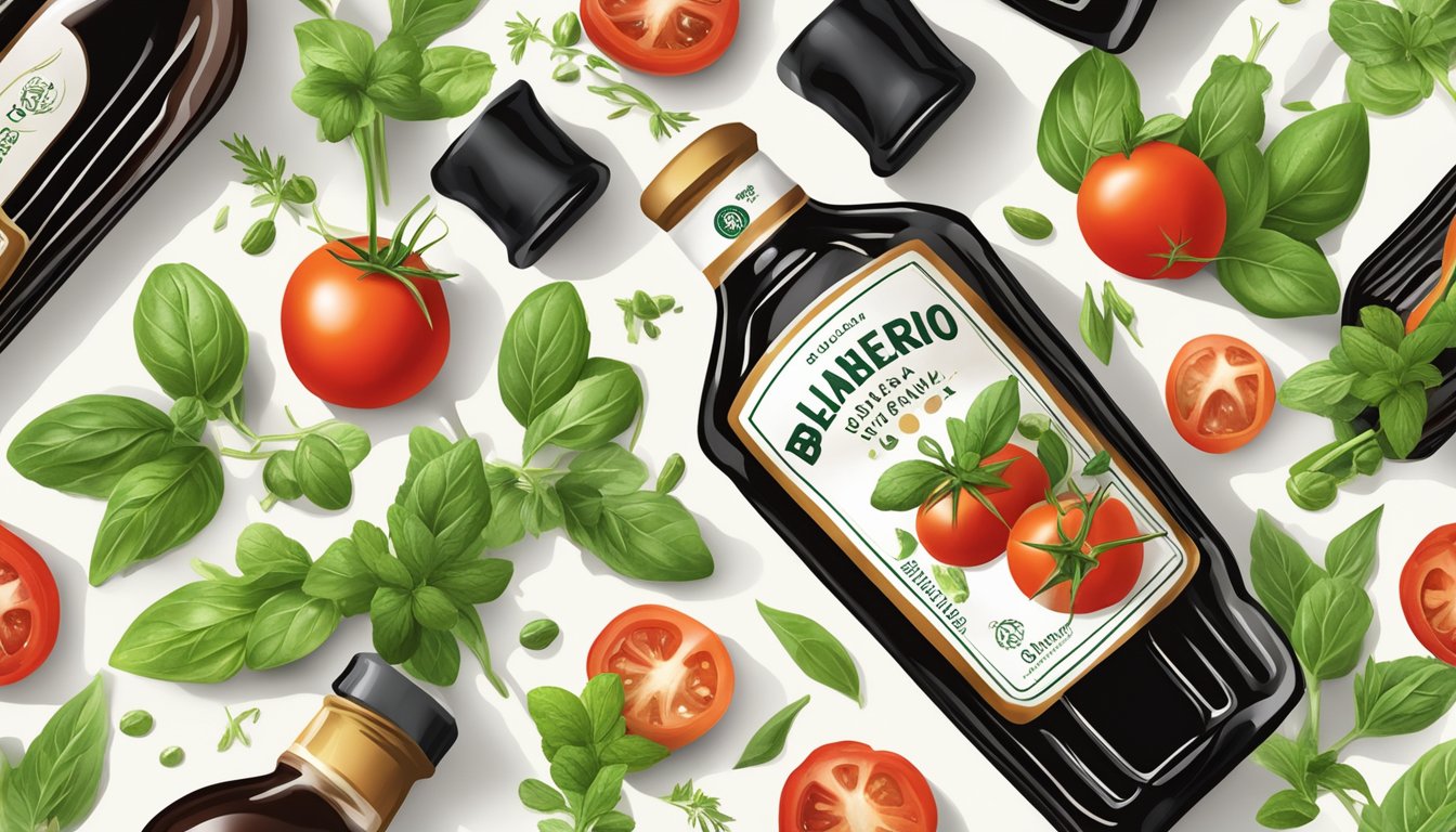 A bottle of Filippo Berio balsamic vinegar of Modena surrounded by fresh herbs and drizzling over a caprese salad