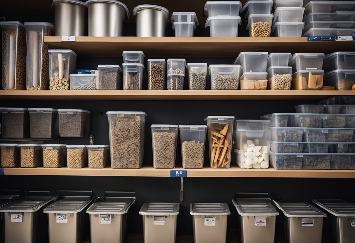 A cluttered garage with shelves, hooks, and bins for tools, sports equipment, and household items. Labels and clear containers aid organization