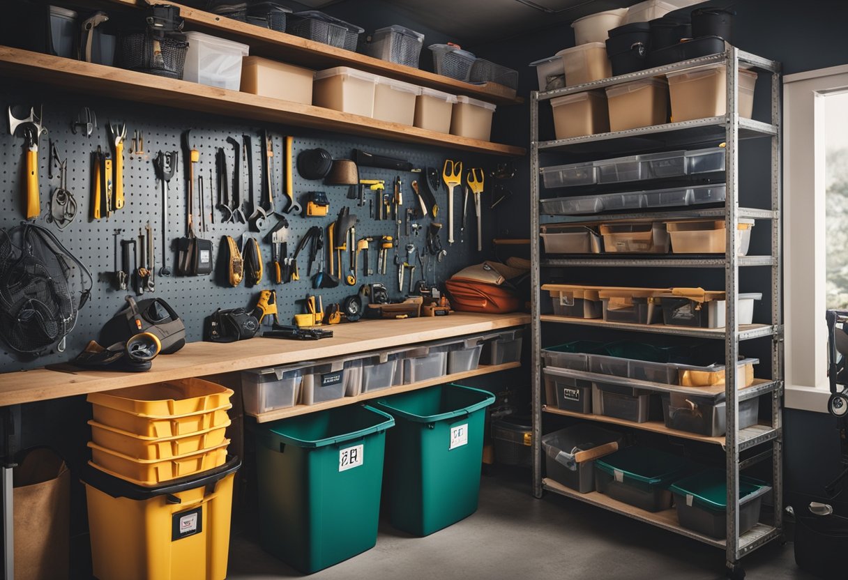 A cluttered garage with shelves, labeled bins, and hanging tools, showing organization on a budget