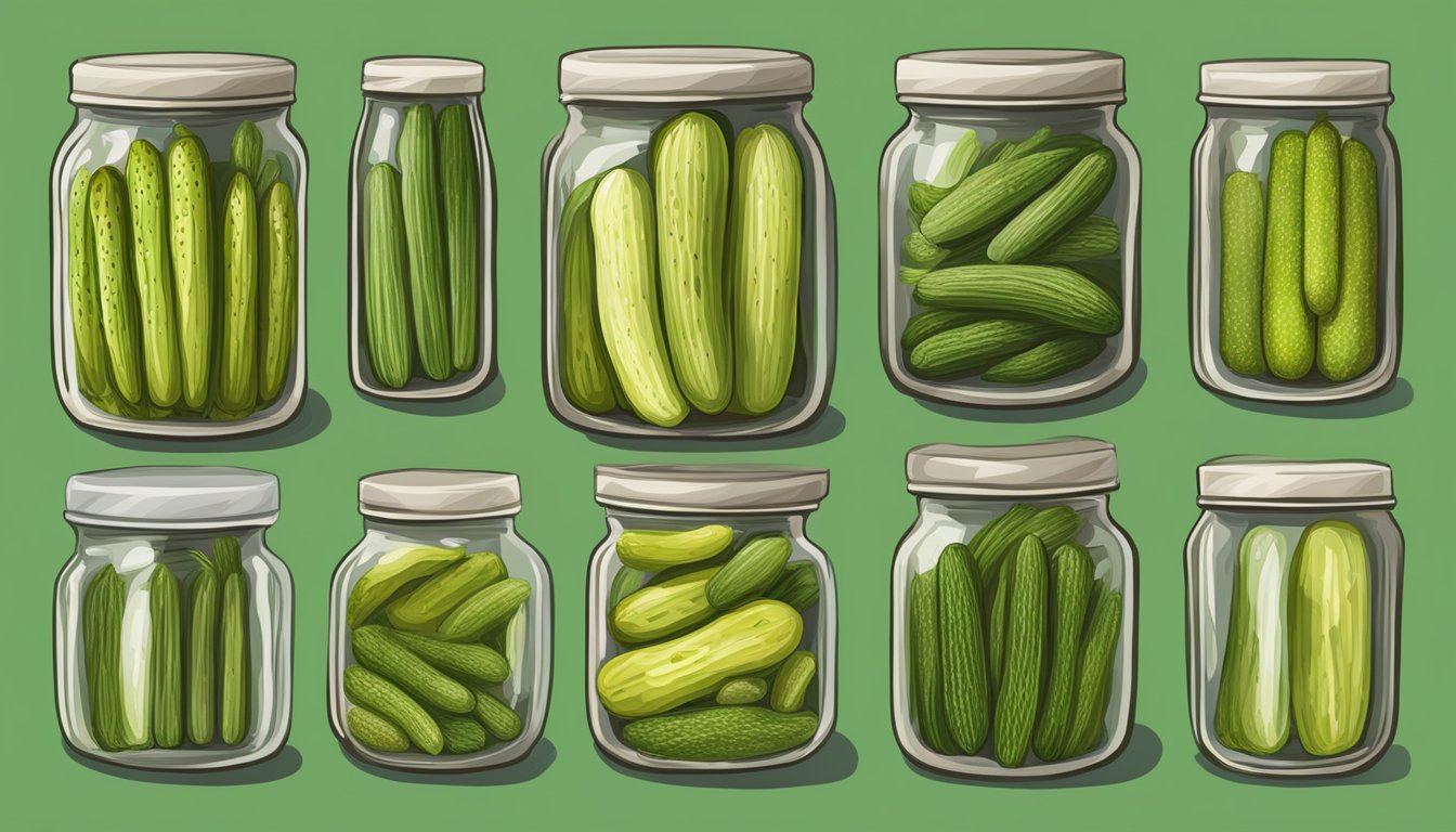 A colorful array of organic dill pickles in various sizes and shapes, showcasing their crunchy texture and vibrant green color