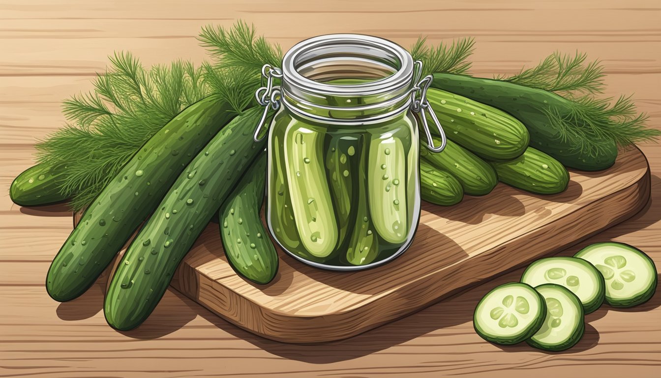 A jar of organic dill pickles surrounded by fresh dill and cucumbers on a wooden cutting board