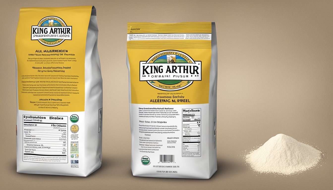 A bag of King Arthur all-purpose flour with allergen information label