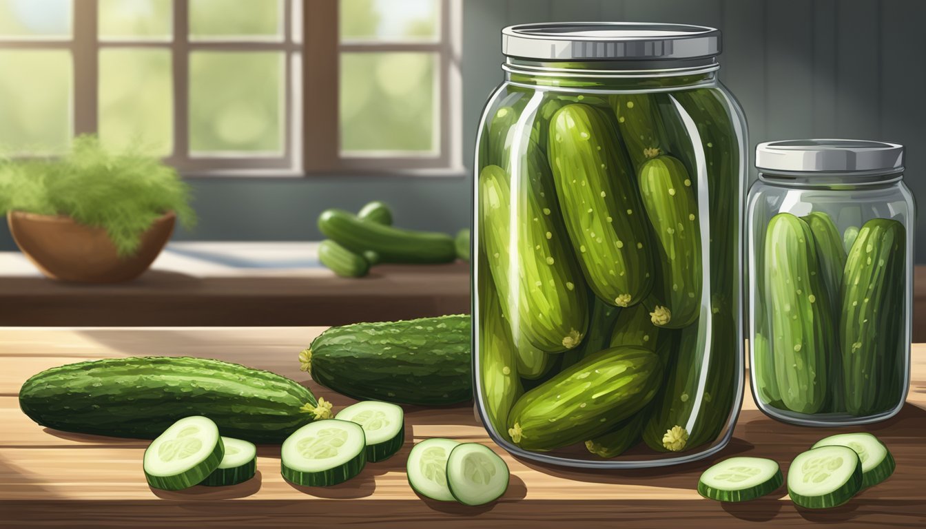 A jar of real pickles sits on a wooden table, surrounded by fresh dill and cucumbers. The pickles are crunchy and organic, representing the role of real pickles in the food system