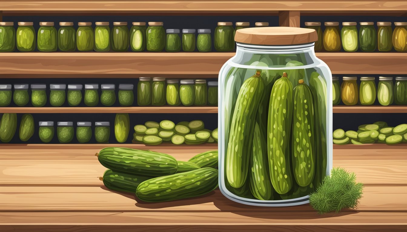 A glass jar of real pickles organic dill pickles, with a crunchy texture, sits on a wooden shelf in a grocery store