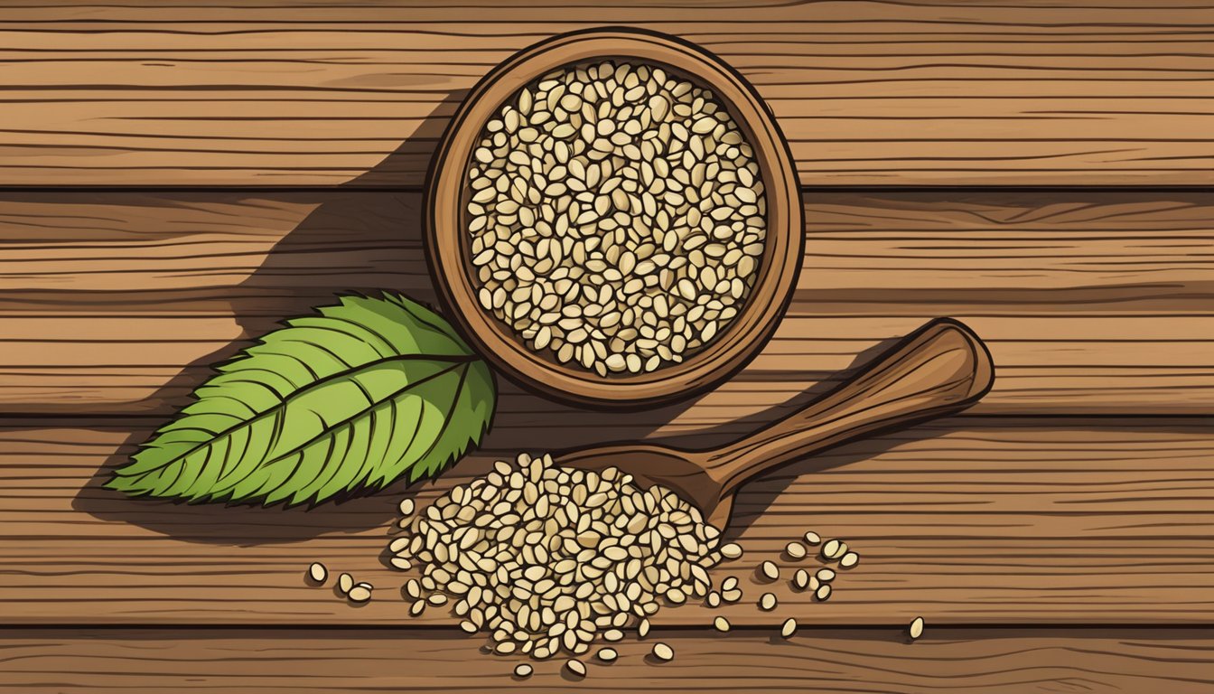 A pile of Nutiva Organic Hemp Seeds sits on a wooden table, with a few seeds scattered around. The seeds are raw and shelled, with a natural and organic appearance