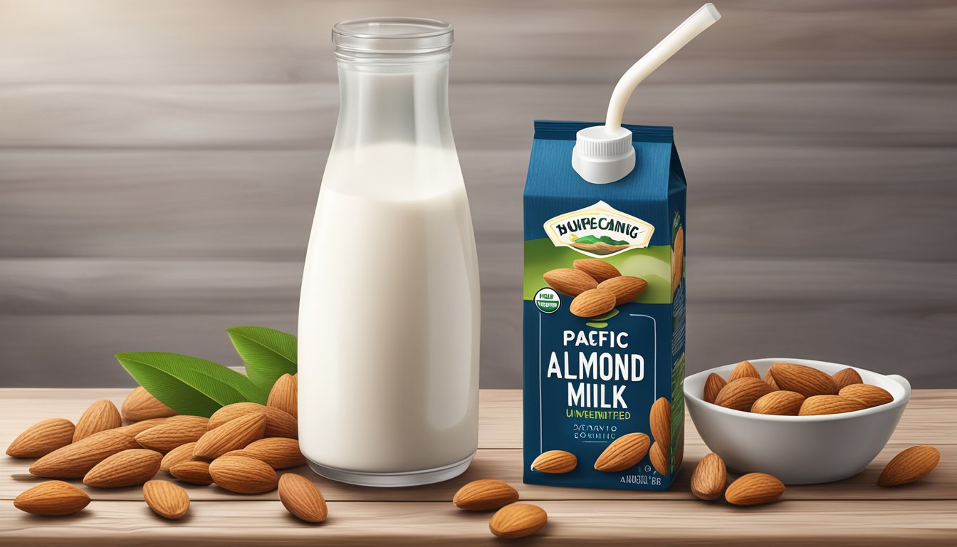 A carton of Pacific Foods organic unsweetened almond milk surrounded by almonds and a rustic wooden background