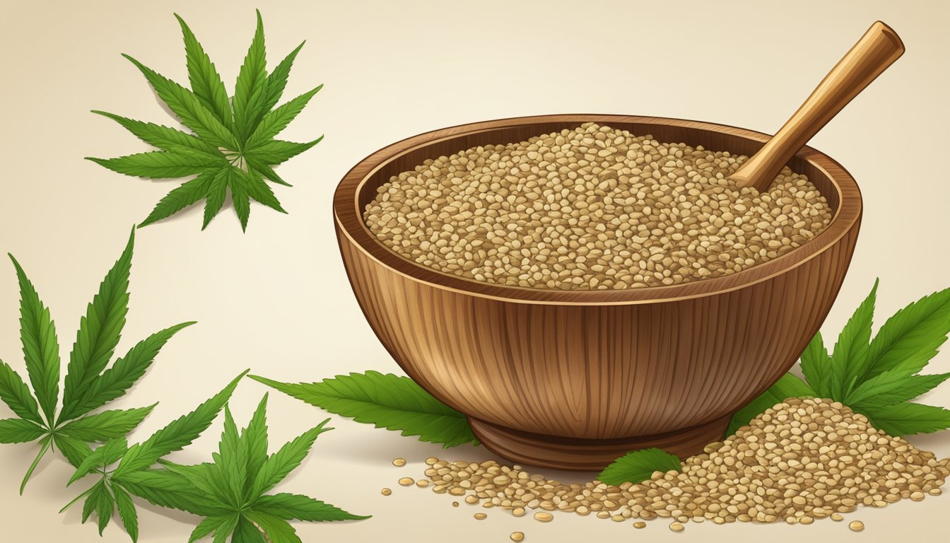 A wooden bowl filled with raw shelled hemp seeds, surrounded by scattered seeds and a few hemp plant leaves